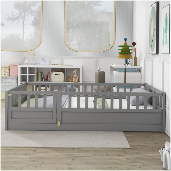 Low Profile Platform Bed Frame with Safety Rails, Full Size Floor Bed with Easy Access Door