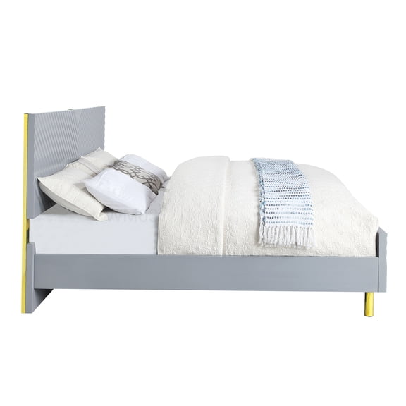 Low Profile Platform Bed Frame with Wave Design, High Gloss Gray Finish, Under Bed Storage, 660lbs Capacity