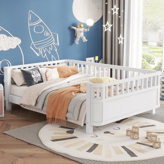 Low Profile Platform Bed Full with Detachable Rail, Wood Bed Frame with Guardrail and Legs, Sturdy Support, No Box Spring Needed, White