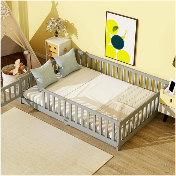 Platform Bed Frame with Safety Rails Gate, Low Profile Full Size Floor Bed in Grey
