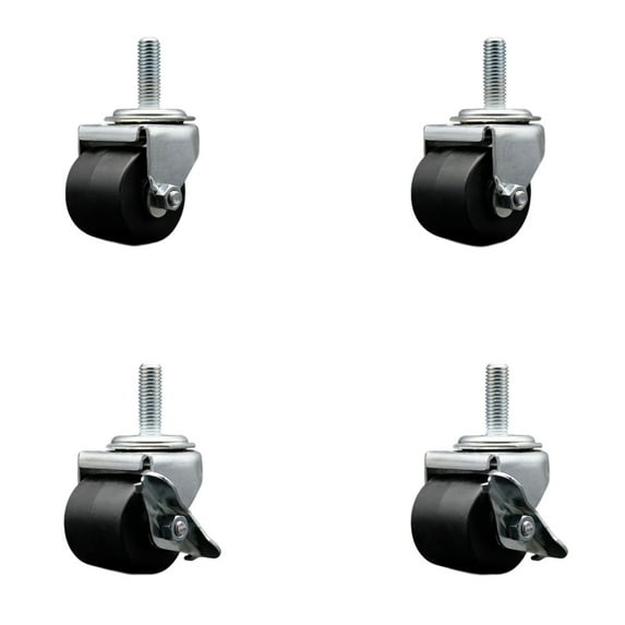 Low Profile Polyolefin 2 Inch Wheel ½” Threaded Stem Caster Set with 2 Brakes