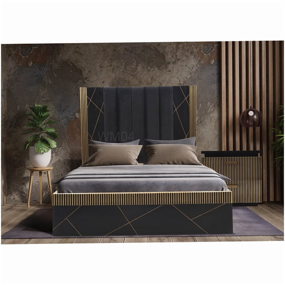 Low Profile Queen Bed Frame, Upholstered Headboard with Brass Detail, Solid Wood Platform Bed, No Box Spring
