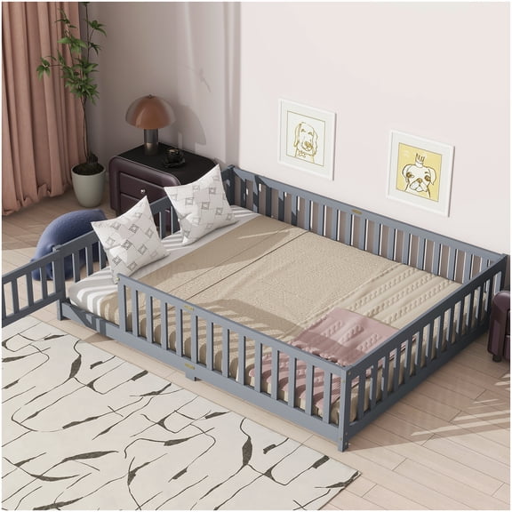 Low Profile Queen Bed Frame with Safety Fence, Solid Wood Platform Bed with Guardrail, Easy Setup, Grey Finish