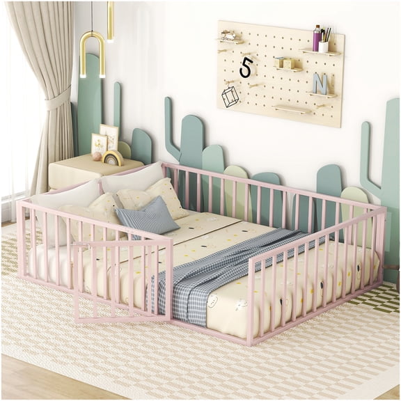 Low Profile Queen Floor Bed with Safety Rails and Gate, Pink Metal Platform Bed Frame, Easy to Assemble