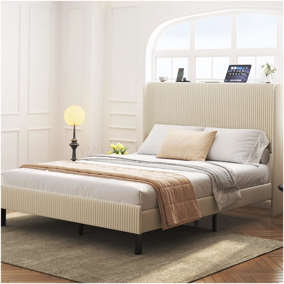 Low Profile Queen Platform Bed Frame with USB Ports, Tool-Free Noise Free Assembly, Beige Wood Metal Structure for Memory Foam Mattress, No Box Spring Needed
