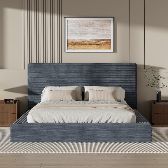 Low-Profile Queen Upholstered Bed Frame, Cloud-Soft Corduroy Bed with 360° Foam Edging & Metal Base, No Box Spring Needed, Gray