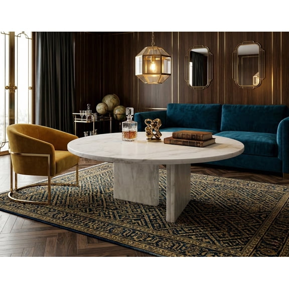 Low-Profile Round Coffee Table, 27.6 inch Genuine White Marble with Semi-Polished Matte Finish, 12.6 inch Height for Deep-Seated Sofas and Modern Living Room