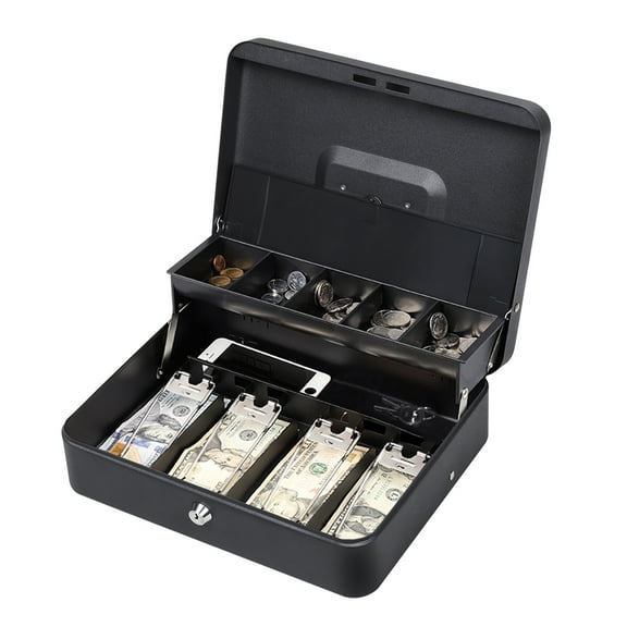 Low Profile Steel Cash Box with Coin Tray and Lid, 2 Keys, Black by LIANTRAL