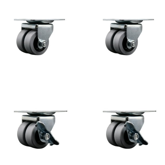Low Profile Thermo 2 Inch Dual Wheel Top Plate Swivel Caster Set with 2 Brakes