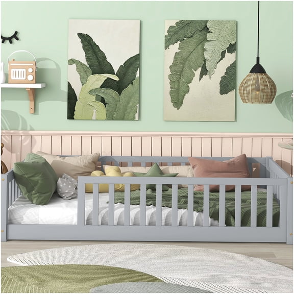 Low Profile Twin Bed Frame with Safety Rails, Grey Minimalist Platform Bed with Guardrail for Compact Spaces