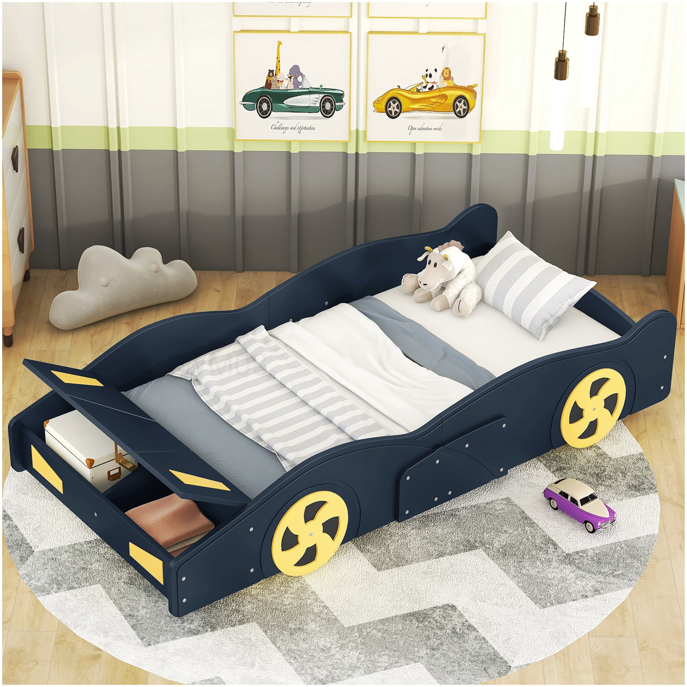 Low Profile Twin Bed Frame with Storage, Race Car Design, Solid Wood Platform Base