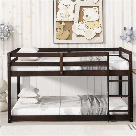 Low Profile Twin Bunk Bed Frame with Ladder, Space Saving Loft Bed with Reinforced Slats, Durable Espresso Finish