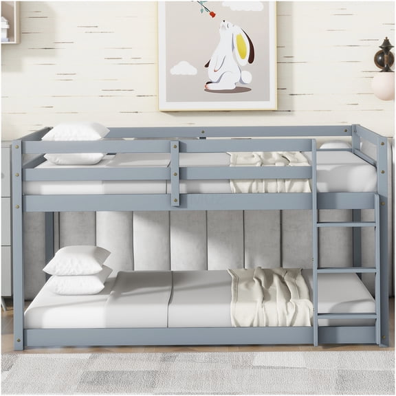 Low Profile Twin Bunk Bed with Ladder, Grey Space-Saving Floor Bunk Bed Frame with Reinforced Slats