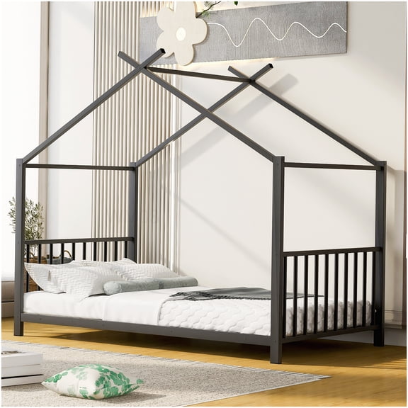Low Profile Twin Platform Bed Frame, Black Metal Foundation with Slats, No Box Spring, Space Efficient for Small Rooms, Strong Support, Quick Setup