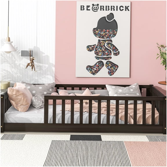 Low Profile Twin Platform Bed Frame with Full Safety Rails, Espresso Wood Finish, No Box Spring Required