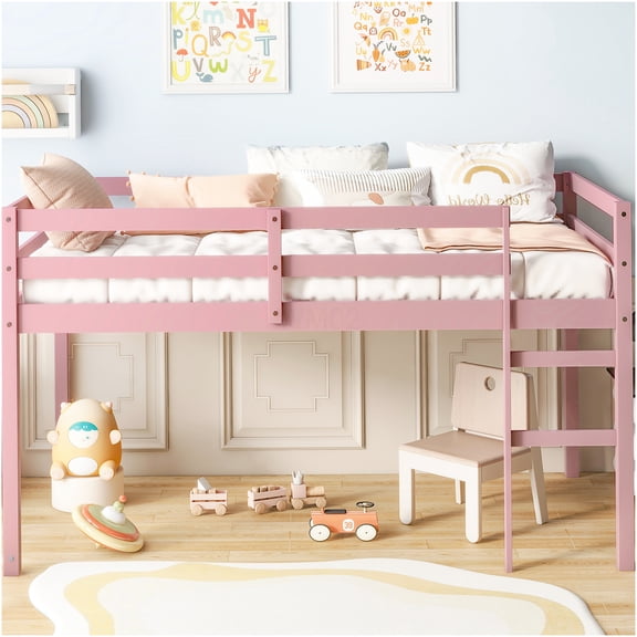 Low Profile Twin Size Pink Loft Bed with Ladder, Rubber Wood Platform Bed with 13 Reinforced Slats, Space Saving Bed