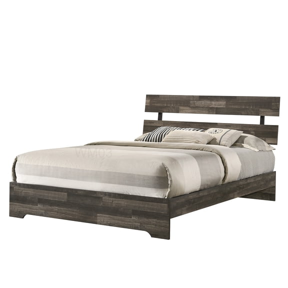 Low Profile Wood Platform Bed Frame, Full Size Slat Headboard Bedroom Furniture in Rustic Brown