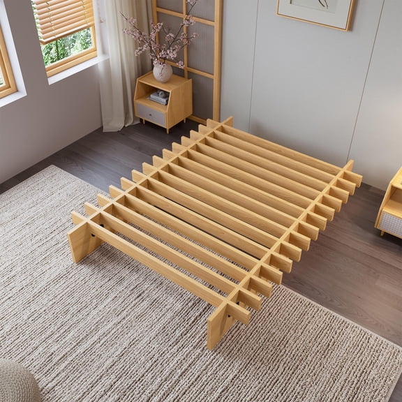 Low-Profile Wood Platform Bed Frame, Slat Support, No Box Spring Needed, Easy Assembly, 12" Underbed Storage, Floor-Level Modern Design