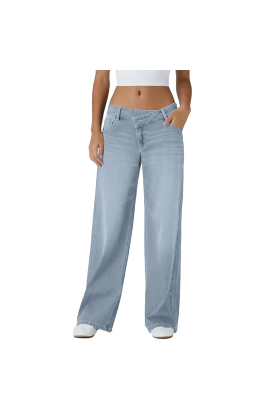 Low Rise Baggy Jeans for Women Washed Straight Leg Crossover Wide Fit with Zipper Pockets Casual Wide Leg Denim Pants Light Blue L