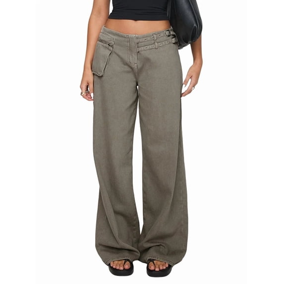 Low Rise Baggy Pants for Women Adjustable Waisted Wide Leg Boyfriend Pants Vintage Straight Loose Trousers Dark Gray S