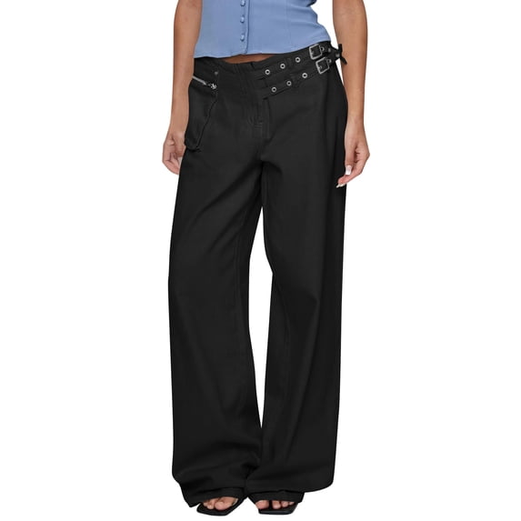 Low Rise Baggy Pants for Women Adjustable Waisted Wide Leg Boyfriend Pants Vintage Straight Loose Trousers (S, Black)