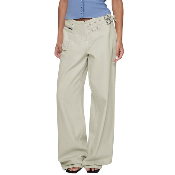 Low Rise Baggy Pants for Women Adjustable Waisted Wide Leg Boyfriend Pants Vintage Straight Loose Trousers (XL, White)