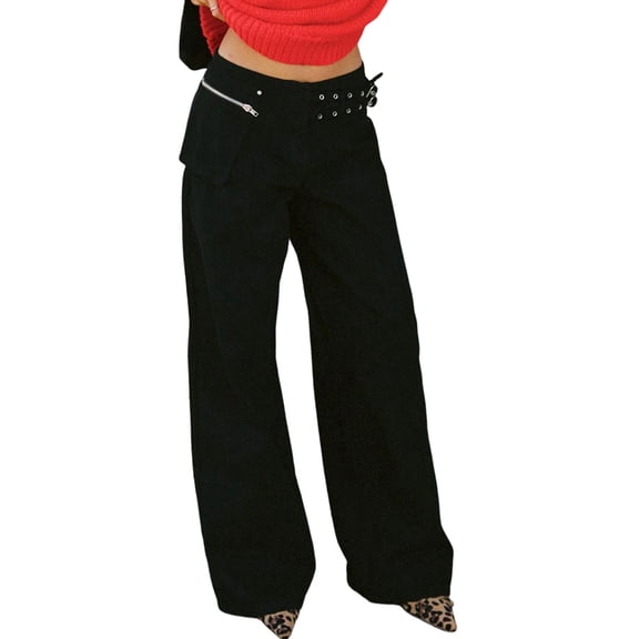 Low Rise Baggy Pants for Women Adjustable Waisted Wide Leg Boyfriend Pants Vintage Straight Loose Trousers