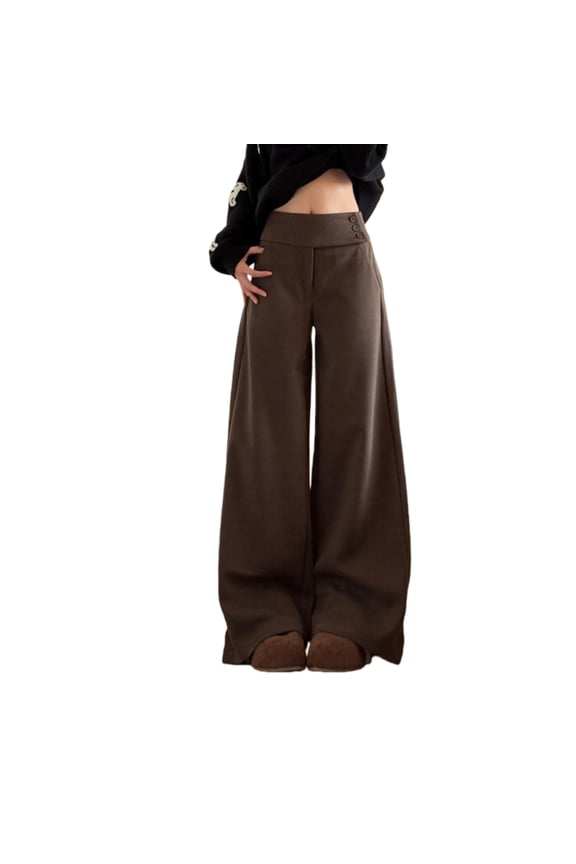 Low Rise Button Front Wool-Blend Wide Leg Pants for Women, Relaxed Drape Trousers