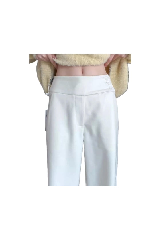 Low Rise Button Front Wool-Blend Wide Leg Pants for Women, Relaxed Drape Trousers