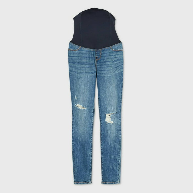Low-Rise Crossover Panel Distressed Skinny Maternity Jeans