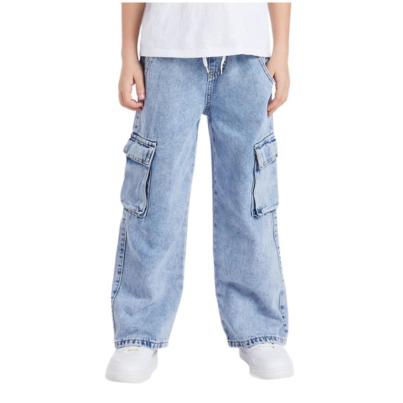 Low Rise Jeans Tween Boys Baggy Jeans Loose Fit Washed Wide Leg Elastic Waist Zipper Fly Streetwear Denim Pants