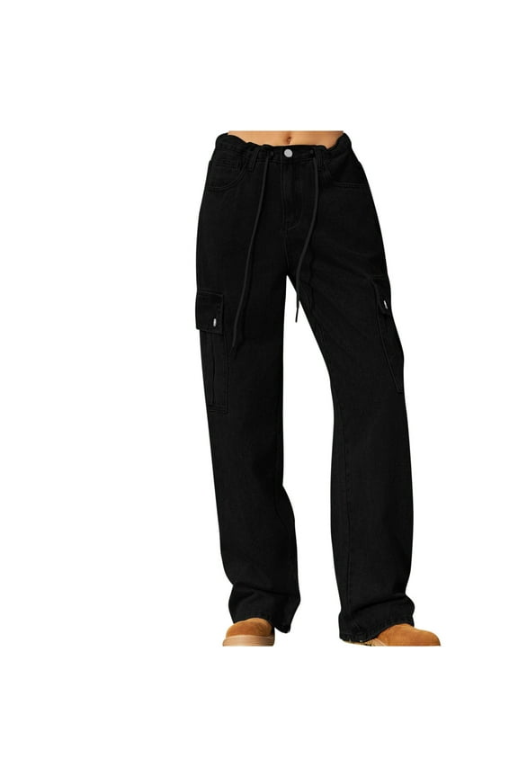 Low Rise Jeans Women's Y2K Bootcut Denim Trousers Baggy Wide Leg Cargo Pants Drawstring Straight Leg Wash Jeans Pants