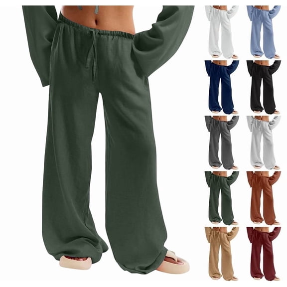 Low Rise Linen Pants for Women Flowy Wide Leg Summer Casual 2025 Y2k Streetwear Trendy Baggy Sweatpants Drawstring Dark Green L