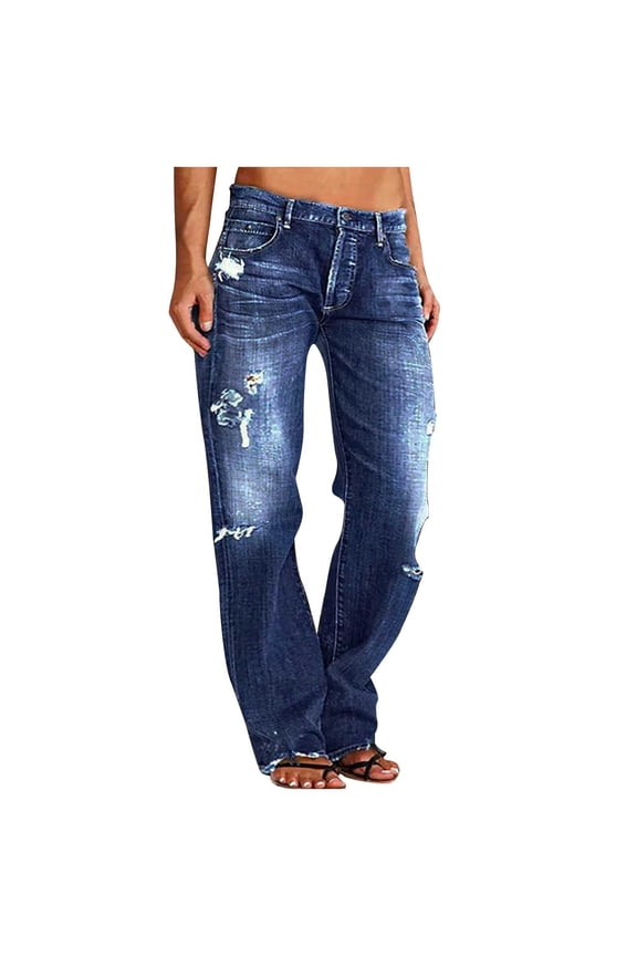 Low Rise Straight Leg Jeans for Women Ripped Distressed Boyfriend Denim Pants Elastic Waisted Pull-On Baggy Jeans Trousers