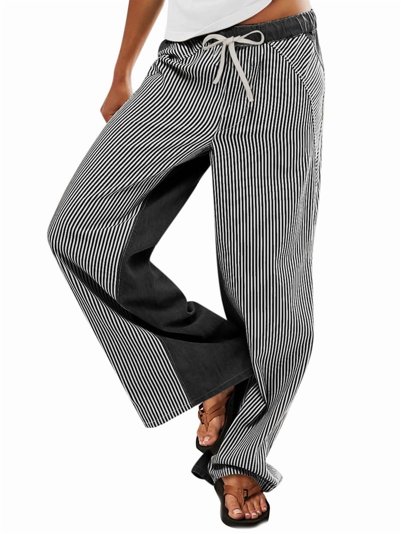 Low Rise Striped Pants for Women Pull on Drawstring Boho Wide Leg
