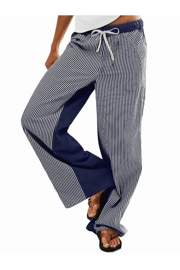 Low Rise Striped Pants for Women Pull on Drawstring Boho Wide Leg Jeans Trendy 2025 Navy Blue XL