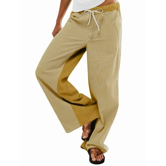 Low Rise Striped Pants for Women Pull on Drawstring Boho Wide Leg Jeans Trendy 2025 Yellow M