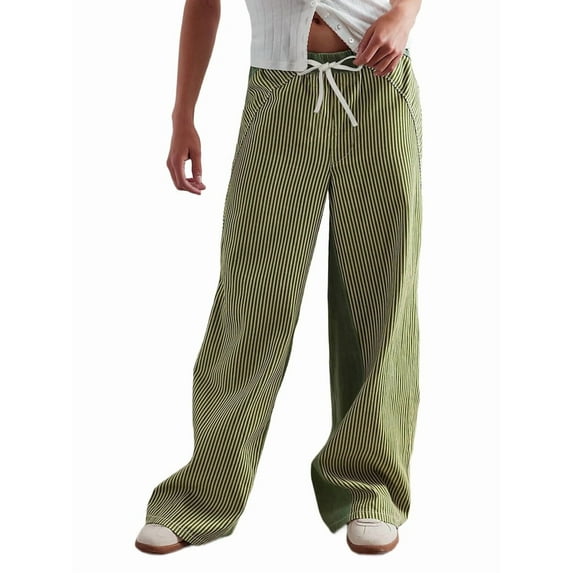 Low Rise Striped Pants for Women Pull on Drawstring Boho Wide Leg Pants Green M