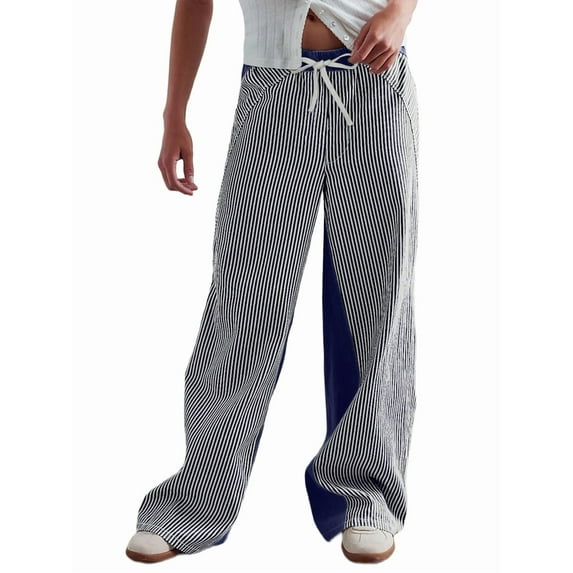 Low Rise Striped Pants for Women Pull on Drawstring Boho Wide Leg Pants Navy Blue L