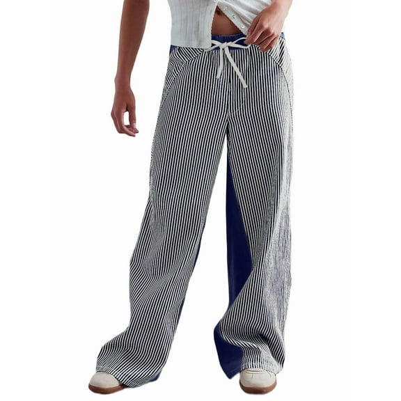 Low Rise Striped Pants for Women Pull on Drawstring Boho Wide Leg Pants Navy Blue M