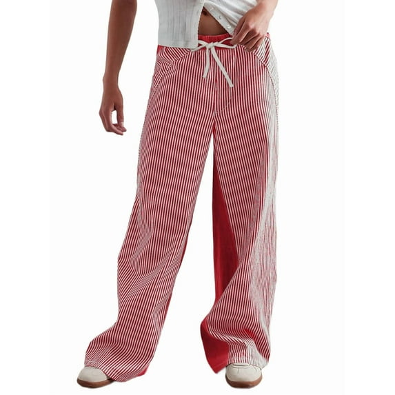 Low Rise Striped Pants for Women Pull on Drawstring Boho Wide Leg Pants Red M
