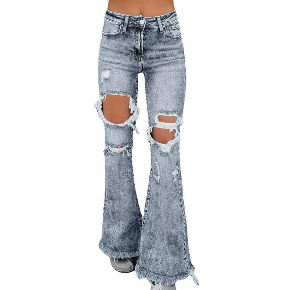 Low Rise Trendy Denim Pants Ripped Bootcut Hem Fashion Jeans Full Length Distressed Jeans Long Trousers Teen Girls Y2k