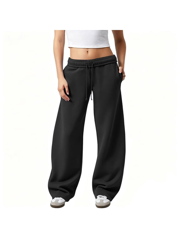 Low Rise Trendy Wide Leg Sweatpants Women Baggy Drawstring Waist Y2K Casual Street Sweat Pants with Pockets