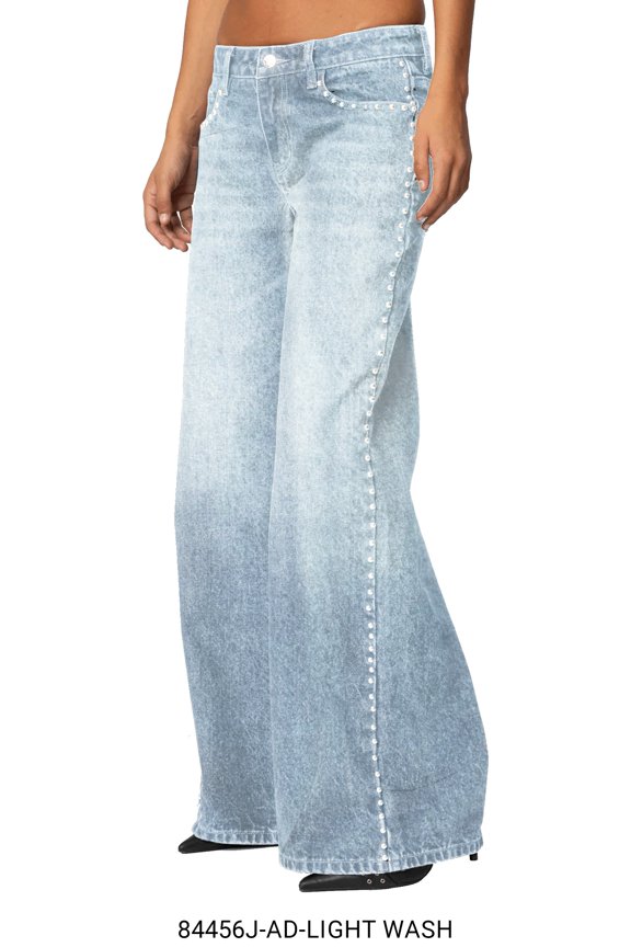Low Rise Wide Leg Denim Pant with Stud Details, Color- Blue, Size- 10