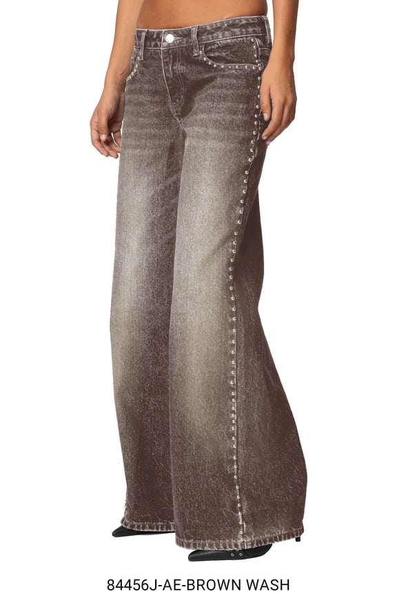 Low Rise Wide Leg Denim Pant with Stud Details, Color- Brown , Size- 4