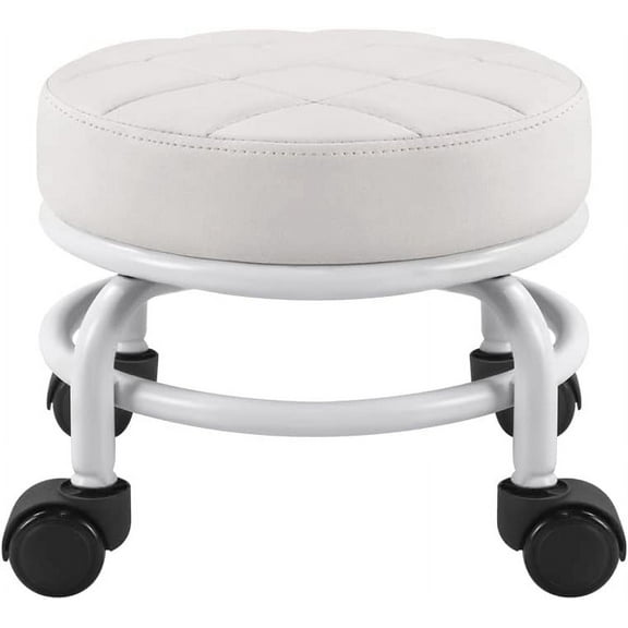Low Roller Seat PU Leather Rolling Stool Step Stool Mechanic Stool on Wheels for Home Office Garage Shop White
