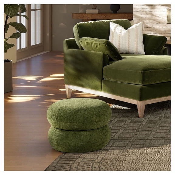 Low Round Ottoman 19.5", Upholstered Footrest, Moss Green - Stacked Pouf Design, Small Space Living Room Accent, Comfortable Extra Seating