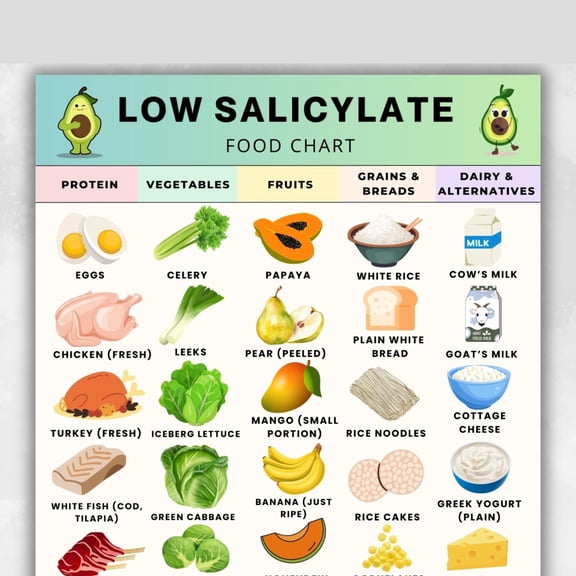 Low Salicylic Acid Food Chart Poster, Salicylic Acid Sensitive Diet Chart, MCAS Grocery List Poster, Low Salicylic Acid Grocery List Poster