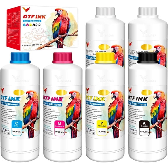 Low-Sediment DTF Ink 6000ML DTF Transfer Ink for PET Film Pigment Ink Refill for P600 P800 DX5 XP600 4720 i3200 i1600 5113. High Fluidity, Whiteness & Coverage, (1000ml x 6, 2Wh+CMYK)