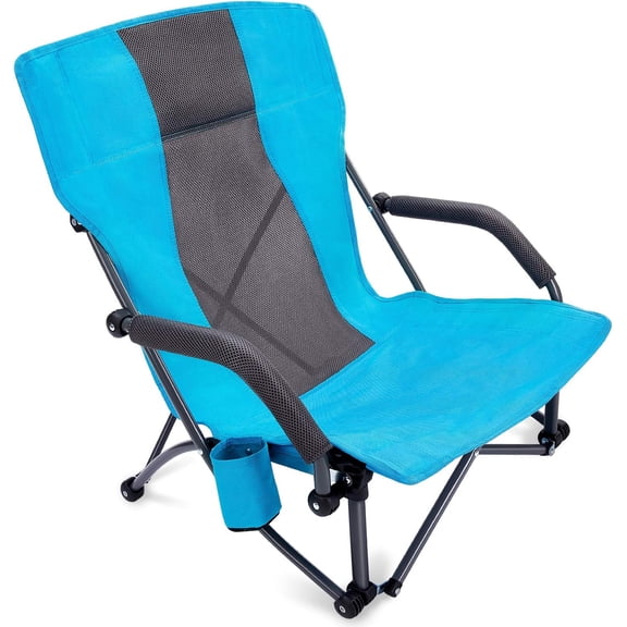 Low Sling Folding Beach Camping Chairs Compact Concert Lumbar Back Support with Carry Bag Blue